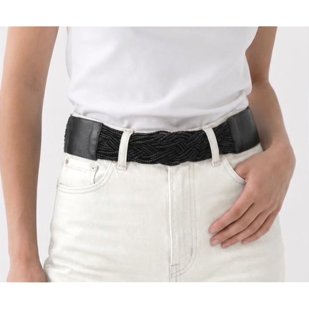 Beaded Elastic Waist Belt Women S Black Excellent Braided Cinch Leather